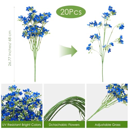 Tigeen 20 Stems Artificial Baby's Breath Flowers, Royal Blue Silk Fake Flowers with Long Stems for Tall Vase, Faux Floral Bouquet for Spring Wedding Party, Home Outdoor Indoor Table Centerpiece Decor - color: Blue