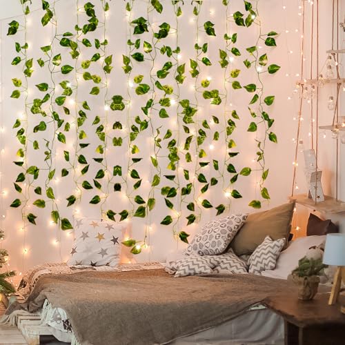 CEWOR 14 Pack 98ft Fake Ivy Vines, Artificial Ivy Garland with 100 LED String Lights, Hanging Plants Greenery Backdrop Green Leaves for Bedroom Room Wall Decor Wedding Party Table Decoration - size: E-14pcs of Vines with 100 LED lights