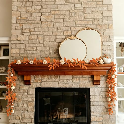 CQURE 2Pack Eucalyptus Garland,Artificial Eucalyptus Leaves Flowers Table Greenery Garland Wreath Vines for Wedding Party Fireplace Bedroom Room Decor - size: 17.7 Ft with Flowers-Orange