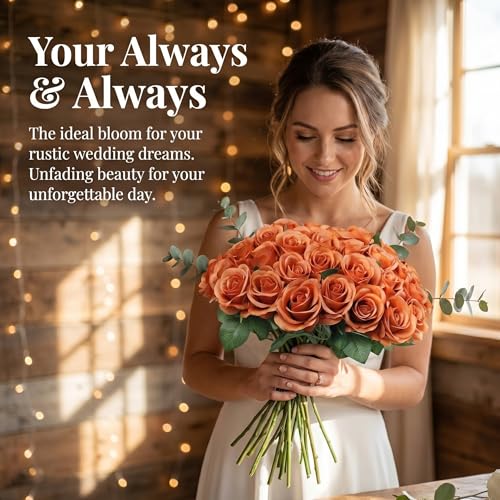 52pcs Terracotta Roses Artificial Flowers Fake Flowers Silk Roses with Stems for DIY Wedding Bouquets Bridal Shower Centerpieces Arrangements Party Home Decorations - color: Terracotta