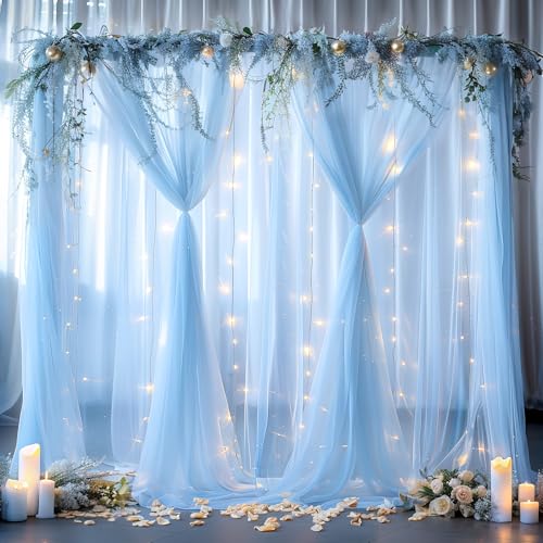10ft x 10ft Blue Backdrop Curtain with Lights String for Parties, Sheer Tulle Wedding Photo Backdrops Drapes for Baby Shower Birthday Party Decorations Background for Photography - color: Blue, size: W5' x H10'(2 panels)