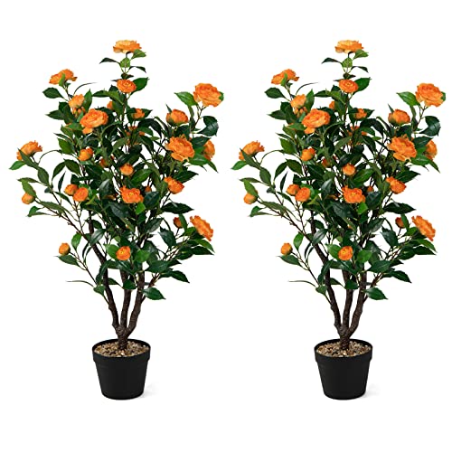 Goplus 40” Artificial Camellia Tree, 2 Pack Flower Plants Artificial Tree, Faux Floral Plant Blooming Tree in Cement Pot, Greenery Potted Plant for Indoor Outdoor Office Home Porch Decor - color: Orange, size: 40 inch×2