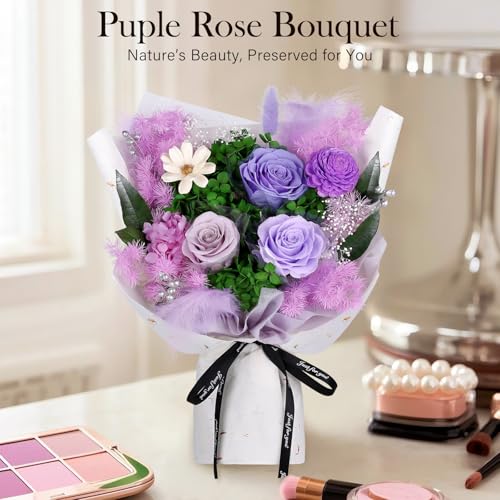 MAMAMIKO Preserved Flowers Bouquet - Forever Flowers for Delivery, Real Eternal Roses Bouquet, for Mom Grandma Wife, Anniversary Birthday Gifts for Women - color: Light Purple