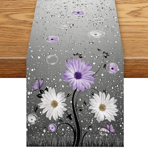 Farmhouse Purple Floral Table Runner, Rustic Spring Floral Flower Wooden Boards Boho Butterfly Farmhouse Coffee Table Center Decor for Family Kitchen Holiday Party Table Decorations, 13"x36" - color: Daisy-13, size: 13“ X 36"