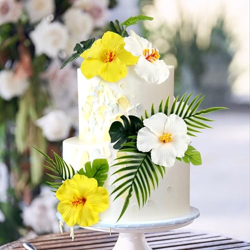10PCS Artificial Hibiscus Flower Cake Toppers Hawaii White Yellow Hibiscus Cake Decors for Baby Shower Hawaii Theme Birthday Bridal Engagement Wedding Floral Cake Picks Summer Holiday Party Decoration - color: White