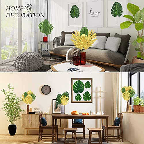 QUANQIUFEI 100 Pcs 8 Kinds Artificial Palm Leaves Tropical Fake Leaves, Monstera Leaf Gold and Green Faux Leaves for Safari Jungle Hawaiian Dinosaur Luau Party Table Decoration