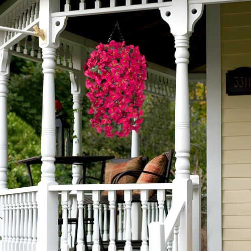 INXUGAO 2 pcs Artificial Faux Bougainvillea Flowers Plants for Outdoor Outside Summer Decoration, Fake Silk UV Resistant Long Trailing Vines for Front Door Porch Planter Balcony (Purple Rose Red) - color: Rose Red