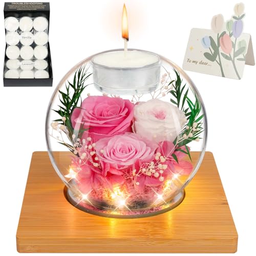 ENERLEAF Preserved Pink Real Rose in Glass with Scented Candles – Forever Flower Romantic Anniversary Christmas Birthday Valentines for Mom, Women, Wife, Girlfriend, Her, Grandma - color: Glass-pink