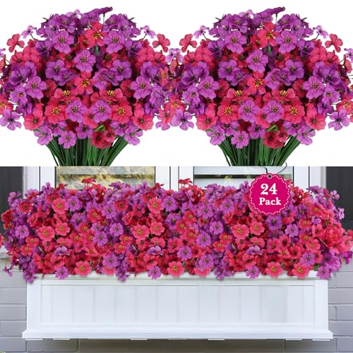 24 Bundles Artificial Flowers for Outdoors, Realistic Fake Silk Flowers for Outside Decoration, No Fade Faux Plants Outdoor Planter Window Box Porch Patio Decor(Purple+Rosy red) - color: Purple+rosy Red, size: 24PCS