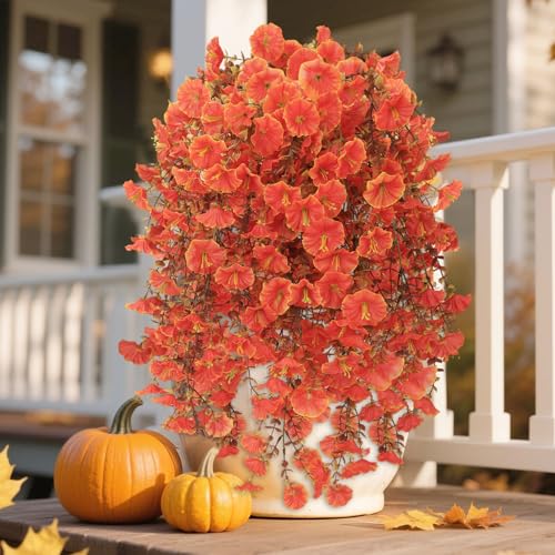 Fall Decor Artificial Flowers for Outdoor Decoration, 4Pcs Fake Hanging Flowers Morning Glory UV & Fading Resistant, Artificial Faux Plants for Home Patio Yard Garden Farmhouse Halloween - color: Autumn Orange