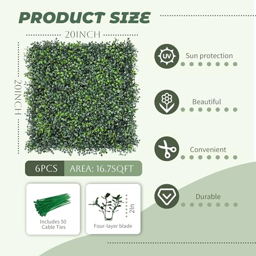 TTTM Artificial Boxwood Hedge Panels: 20"x20" 6 Pcs UV-Resistant Faux Green Ivy Leaves Grass Wall Fence for Indoor/Outdoor Privacy Screen, Wedding Backdrops, and Home Greenery Wall Decor - size: 20"X20"-6P