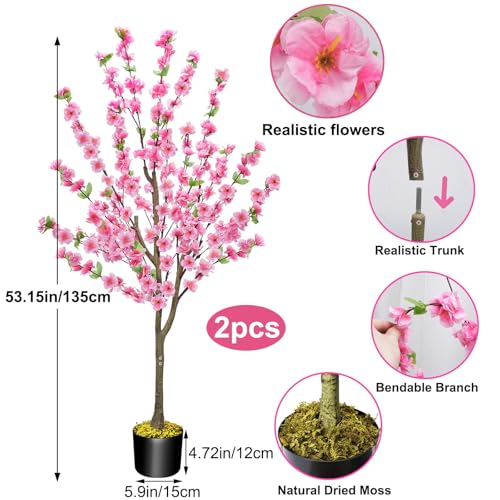 HUAESIN 4.4Ft 2 Pack Artificial Cherry Blossom Tree Tall Fake Plant Tree Pink Sakura Flower Tree Faux Potted Silk Plant for Spring Home Room Porch Office Wedding Indoor Outdoor Decorations - color: Pink 2pcs