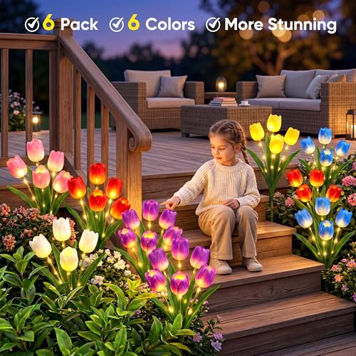 Solar Tulip Lights Outdoor Waterproof: 6 Pack 6 Color Solar Flower Garden Lights with Bendable Stems - 800mAh for 12H Lighting Auto On/Off - Garden Gifts for Mom - Patio Porch Yard Lawn Decor - color: Orange+Pink+Yellow+Blue+Purple+White