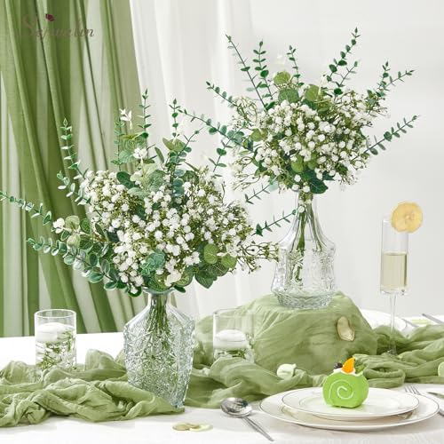 Serwalin 100 Pcs Mixed Artificial Eucalyptus Stems,Babys Breath Artificial Flowers Bulk with Faux Eucalyptus Leaves Greenery Stems for Wedding DIY Bouquets Floral Arrangement Home Decor - size: 100pcs