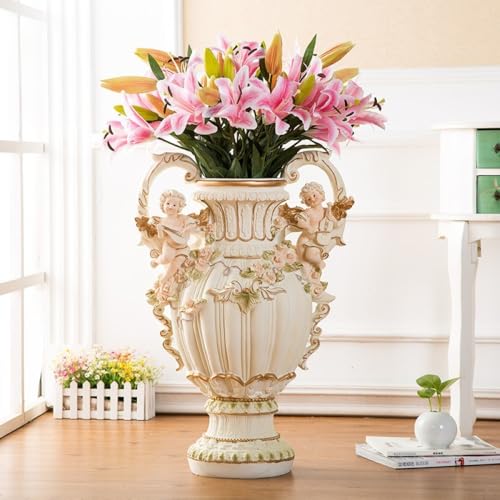 European Style Angel Cherub Floor Vase, Resin, Beige, 28.35" H x 19.70" L x 13.20" W, Baroque Baroque Art Deco for Living Room