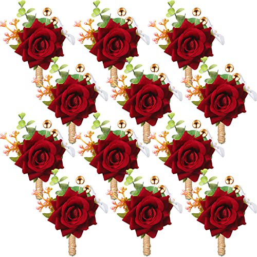 Sherr 12 Pcs Boutonniere for Men Wedding Flower Boutonniere Rose Corsage Set with Pin for Groom Groomsmen Prom Western Wedding Anniversary Dinner Fall Party Decor(Burgundy) - color: Burgundy