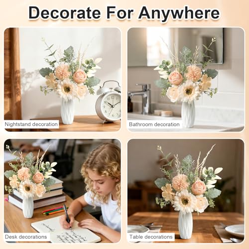 Small 11.8" Artificial Flowers in Ceramic Vase - Champagne Silk Flower Centerpiece for Dining Table, Office, Wedding & Farmhouse, Home Decor Gifts - color: Champagne