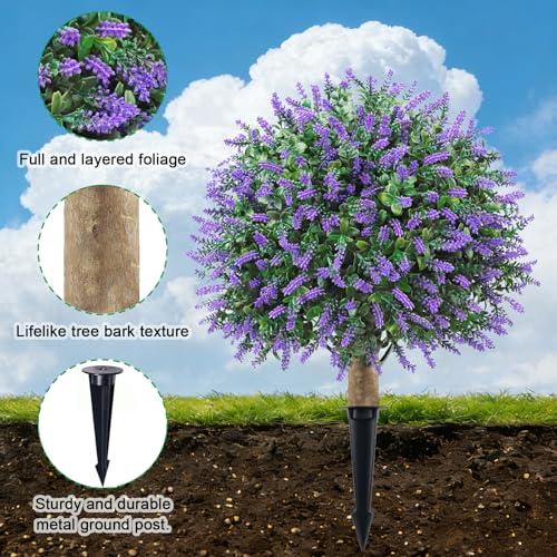 24" Artificial Boxwood Topiary Trees, UV Resistant Faux Plants Shrubs Bushes Fake Greenery Plants for Front Door Indoor Outdoor Home Decor with Metallic Spike - color: Lavender Ball Tree