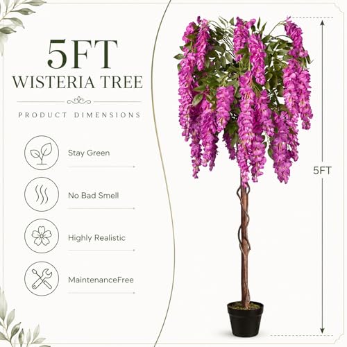 5ft Artificial Wisteria Tree, Fake Tree with Firmly Attached Blooms for Less Shedding, Faux Trees Indoor Outdoor Home Office Living Room Decor, Potted Floor Plant - color: Wisteria Tree Purple