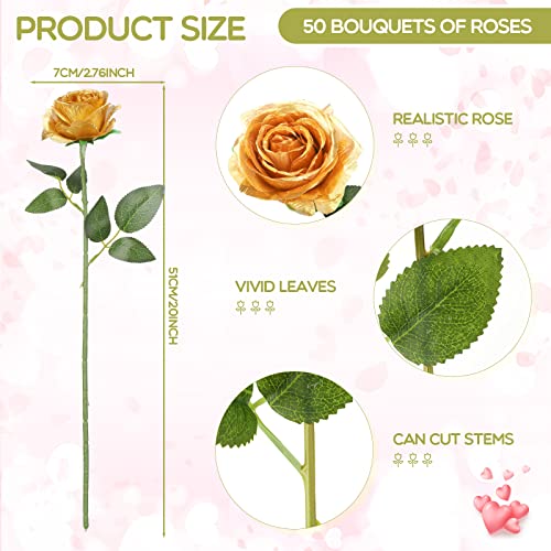 Jexine 50 Pcs Artificial Rose Flower Bulk Realistic Silk Fake Roses with Long Stem Plastic Artificial Flower Bouquet Real Looking for Home Wedding Centerpieces Party Decoration(Gold) - color: Gold
