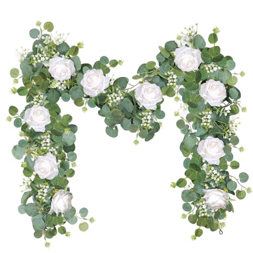 Artificial Eucalyptus Flower Garland with White Roses, Fake Rose Flower Vine, Faux Floral Greenery Garland for Table Centerpiece Wedding Home Party Wall Arch Decor