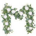 Artificial Eucalyptus Flower Garland with White Roses, Fake Rose Flower Vine, Faux Floral Greenery Garland for Table Centerpiece Wedding Home Party Wall Arch Decor