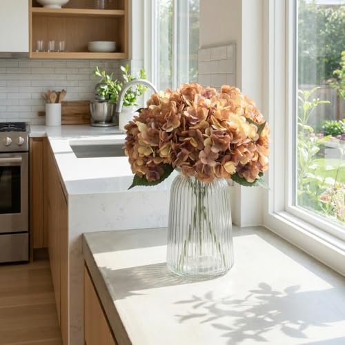 5Pcs Artificial Fake Flowers Plants Silk Hydrangea 1 Flower Head Arrangements Wedding Bouquets Decorations Plastic Floral Table Centerpieces Home Kitchen Garden (Brown Yellow) - color: Brown Yellow