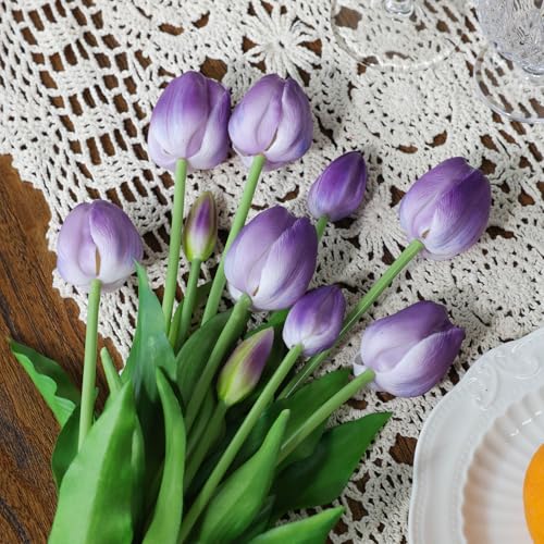 mizii 15Pcs Purple Tulips Artificial Flowers Latex Plastic Real Touch Fake Tulips Flowers Look Real Faux Tulip Flower Bouquet Decoration for Vase Room Table Centerpieces Home Decor (Purple) - color: Purple