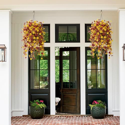 Homsunny Fall Artificial Faux Mums Hanging Flowers Plants Basket for Outdoor Decoration,Fake Silk Daisy planters UV Resistant Look Real for Home Porch Patio Balcony Yard Autumn Decor (Yellow Brown) - color: Yellow Brown