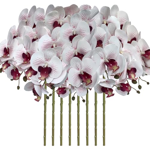 FagusHome 8 Pcs Artificial Phalaenopsis Flowers 32 Inch Artificial Orchid Flowers Fake Flowers Stem Plants for Home Décor (White and Purpleline) - color: White and Purpleline