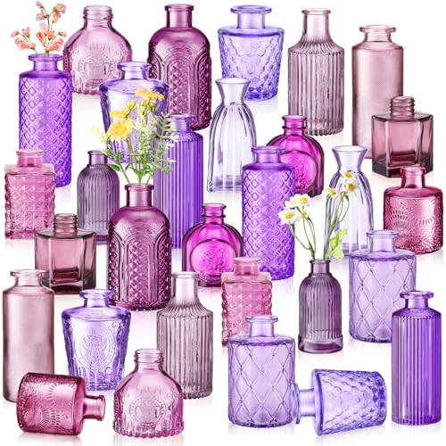 Yaomiao 30 Pcs Vases Bulk Colored Flower Glass Bud Vases Valentine Vintage Colored Glass Bottles Colorful Rustic Embossed for Home Wedding Table Decorations Gifts(Purple Series) - color: Purple Series