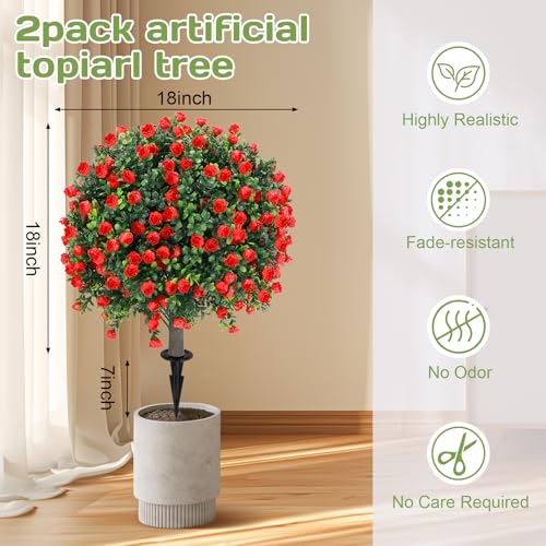 Artificial Red Rose Topiary Ball Tree 25" with Ground Spike, Set of 2 Artificial Boxwood Bushes for Faux Shrubs, Fake Evergreen Faux Plant for Indoor Outdoor Porch Garden -UV Resistant–Fade-Proof - color: Red Rose