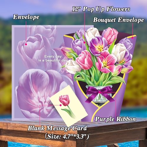 Airpark Pop Up Flower Bouquet Card for Women, 3D Floral Greeting Card with Envelope and Note, Birthday Thank You Thinking of You Get Well Gift for Mom Friend Wife Teacher, Tulip - style: Tulips