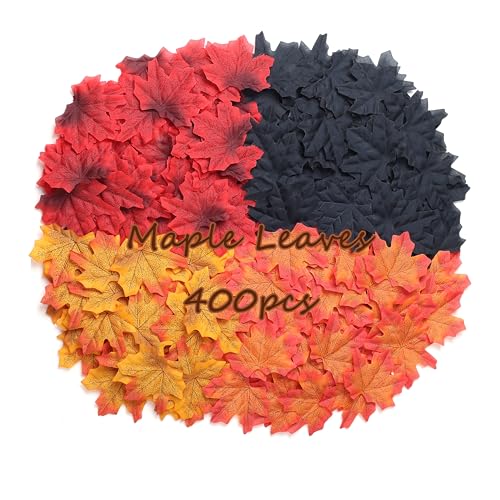 SITUMEIZI 400PC Fake Fall Leaves Autumn Halloween Decor Maple Leaf for Fall Wedding Thanksgiving Halloween Party Decorations 4 Colors - color: Yellow Red Black Purple