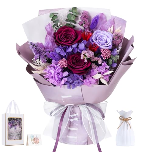 Lewondr Flower for Delivery, Preserved Flowers Bouquet, Purple Roses Bouquet, Real Long-Lasting Forever Birthday Flowers Gifts for Mom Grandma Women Mothers Day Anniversary Christmas, Purple - color: Dark Purple