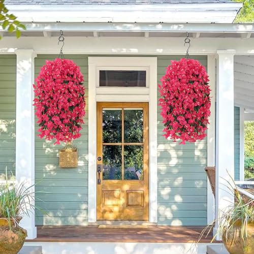 2PCS Faux Bougainvillea UV Resistant Artificial Flowers Plants for Outdoors Faux Hanging Bougainvillea Flowers Outside Decoration Fake Silk Long Trailing Vines for Front Door Porch Patio (Rose red) - color: Rose Red