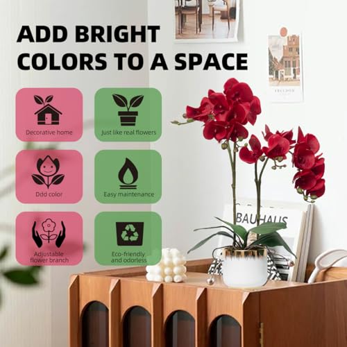 CXGS Orchids Artificial Flowers Real Touch Fake Flowers in Ceramic Pot 20" Red Faux Orchid Plant Lifelike Silk Phalaenopsis for Centerpiece Hotel Home Indoor Decor - color: Red- White Gold Vase