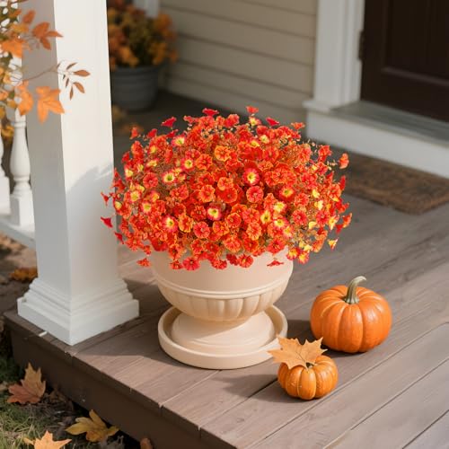 INXUGAO Fake Fall Flowers Artificial for Decoration, 12 Bundles Faux Plants Silk Orange Flowers Morning Glory Petunias Realistic UV Resistant for Outdoors Planter Porch Patio Window Box, Sunset - color: Orange Sunset
