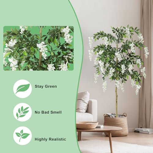 6FT Ficus Tree Artificial Indoor Tall Faux Wisteria Tree in Nursery Pot Fake Potted Tree with Blooming White Flowers and Real Wood Trunk for Home Office Living Room Decor