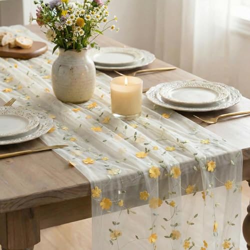 Artoid Mode Yellow 3D Flower Gauze Embroidery Table Runner 120 Inch 10FT, Tulle Seasonal Spring Kitchen Dining Holiday Table Decor for Home Party - color: White-yellow