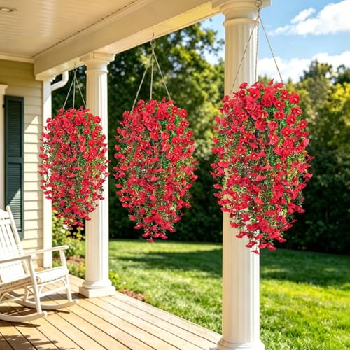 Artificial Hanging Flowers for Outdoors, 4 PCS UV Resistant Morning Glory Flowers with Eucalyptus Leaves, Silk Fake Flower Realistic Faux Plants for Home Patio Porch Garden Decor, Red - color: Red