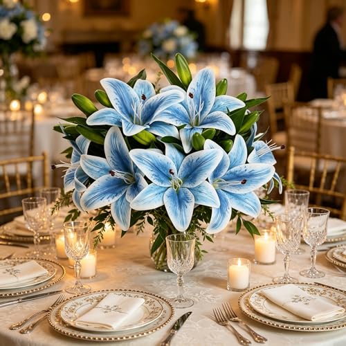 Kimura's Cabin 6Pcs Tiger Lily Artificial Flowers Real Touch Fake Lilies with Stems Faux Lilies Bouquet for Wedding Floral Arrangements Easter Home Table Centerpiece Office Decor(Light Blue) - color: Light Blue