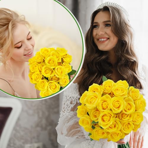 72 Pcs Artificial Roses Yellow Fake Silk Roses Realistic Roses Faux Flower Indoor Wedding Home Decor, Birthday Decorations - color: Yellow