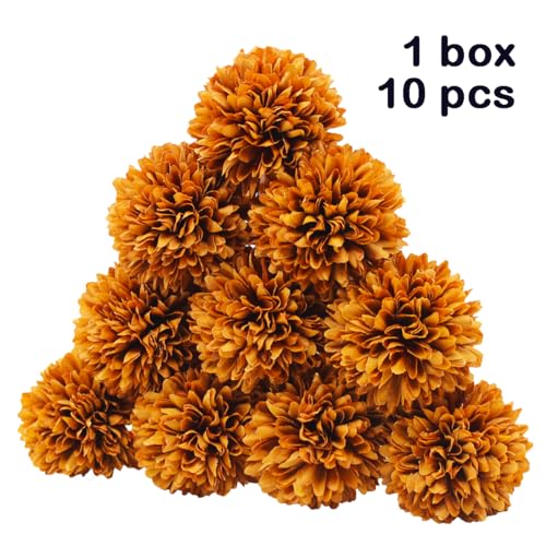 10Pcs Artificial Fake Flower Plants Silk Chrysanthemum Ball Hydrangea Arrangements Wedding Bouquets Decor Home Kitchen Garden Party Table Floral centerpieces DIY(Coffee Brown) - color: Coffee Brown
