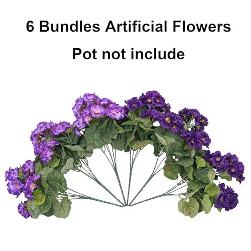Fake Geraniums Artificial Flowers for Outdoors, 6 Bundles Silk Geraniums Flowers Realistic UV Resistant Fake Plants Faux Flowers for Outside Planters Front Door Garden Balcony Yard Porch Indoor, Mix - color: 3 Purple, 3 Dark Purple