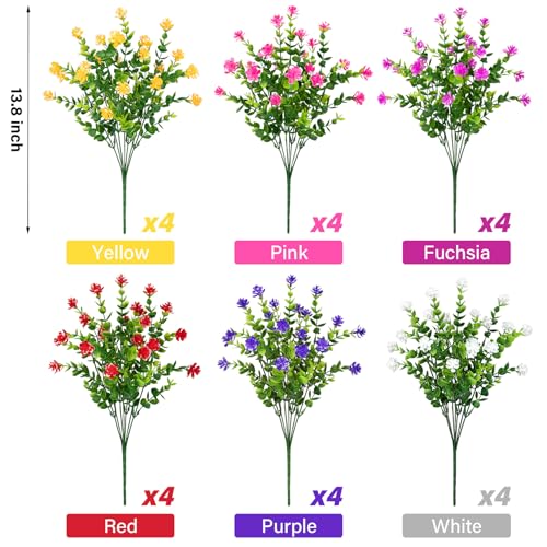 Roberly 24 Bundles Artificial Flowers for Outdoors, UV Resistant Eucalyptus Fake Flowers Shrubs Greenery Plastic Plants for Garden Porch Window Box Farmhouse Indoor Home Decor, Mixed - color: Multi Color