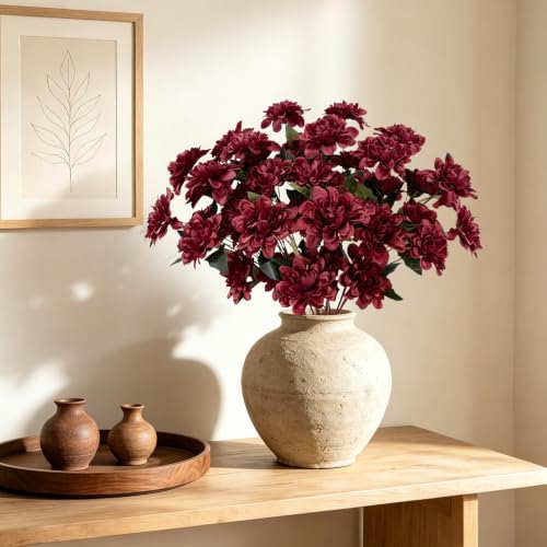 16 PCS Dahlia Artificial Flowers Burgundy Silk Bouquet Faux Chrysanthemum Flowers Arrangement Fake Red Flowers with Stems for Vase Home Centerpieces Tables Kitchen Wedding Decor - color: Burgundy