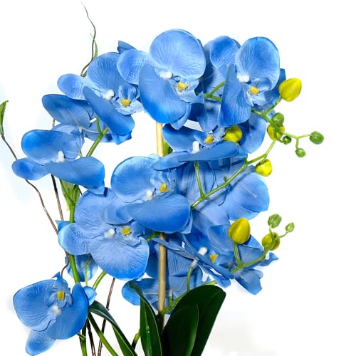Orchid Artificial Flowers with Gray Vase Large Silk Faux Phalaenopsis Flowers for Dining Room Table Floral Centerpieces Indoor Decoration,Blue - color: Blue