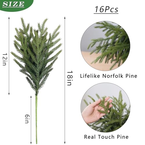 YXZZWL 16 Pcs Christmas Norfolk Pine Branches, 18 Inch Soft Textured Artificial Norfolk Pine Branch Faux Cedar Pine Stem Fake Greenery Picks for Vase DIY Garland Wreath Home Decoration