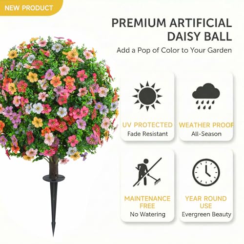 Dense Multi-Color Artificial Flower Topiary Ball Trees 24 Inch, Set of 2 Fake Plants with Ground Spike, UV Resistant No Fade Faux Bushes for Spring Garden, Patio, Porch, Yard, Outdoor Decor - color: Colorful